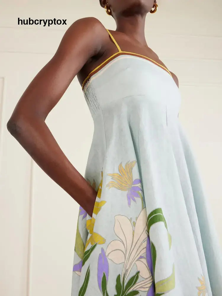 Unique Floral Print Linen Midi Dress