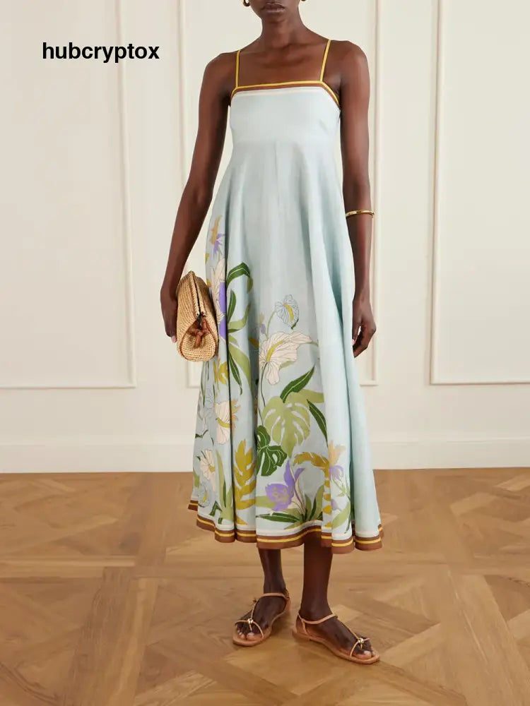 Unique Floral Print Linen Midi Dress - Blue / S