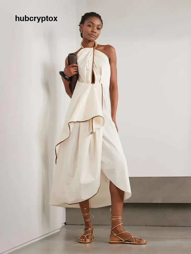 Unique Leather Trimmed Asymmetrical Backless Midi Dress - Beige / S