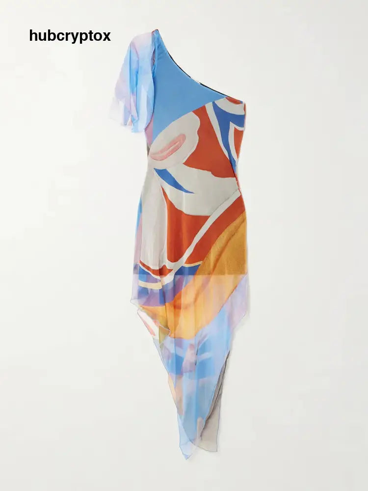 Unique One-Shoulder Asymmetrical Print Chiffon Midi Dress