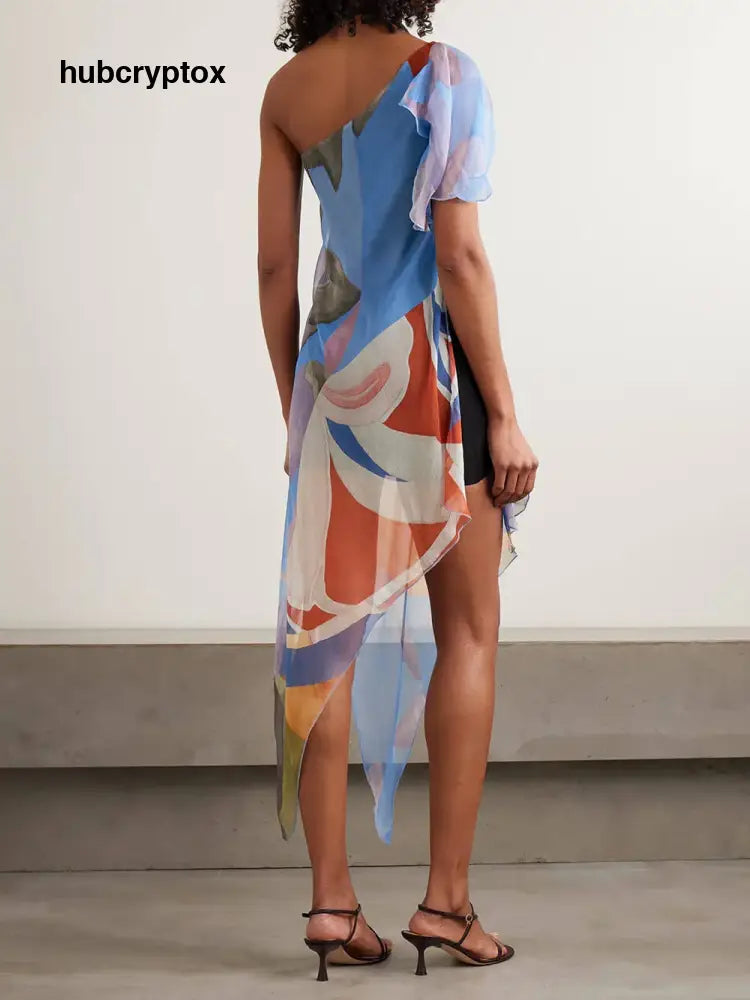 Unique One-Shoulder Asymmetrical Print Chiffon Midi Dress