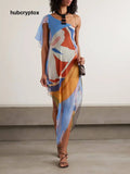 Unique One-Shoulder Asymmetrical Print Chiffon Midi Dress - Multicolor / S