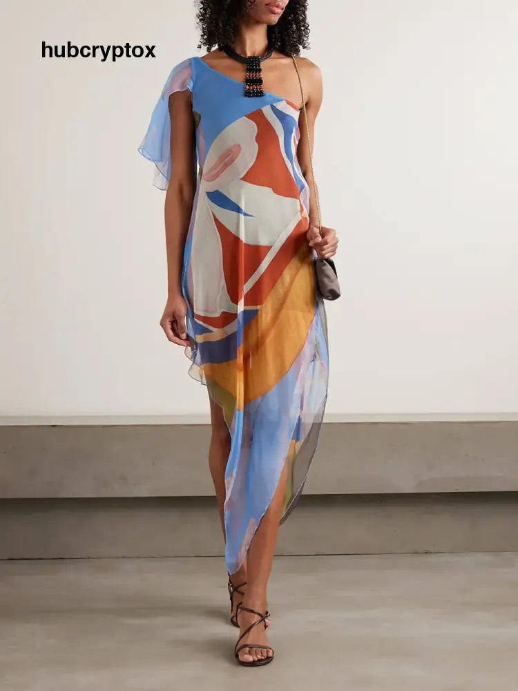 Unique One-Shoulder Asymmetrical Print Chiffon Midi Dress - Multicolor / S