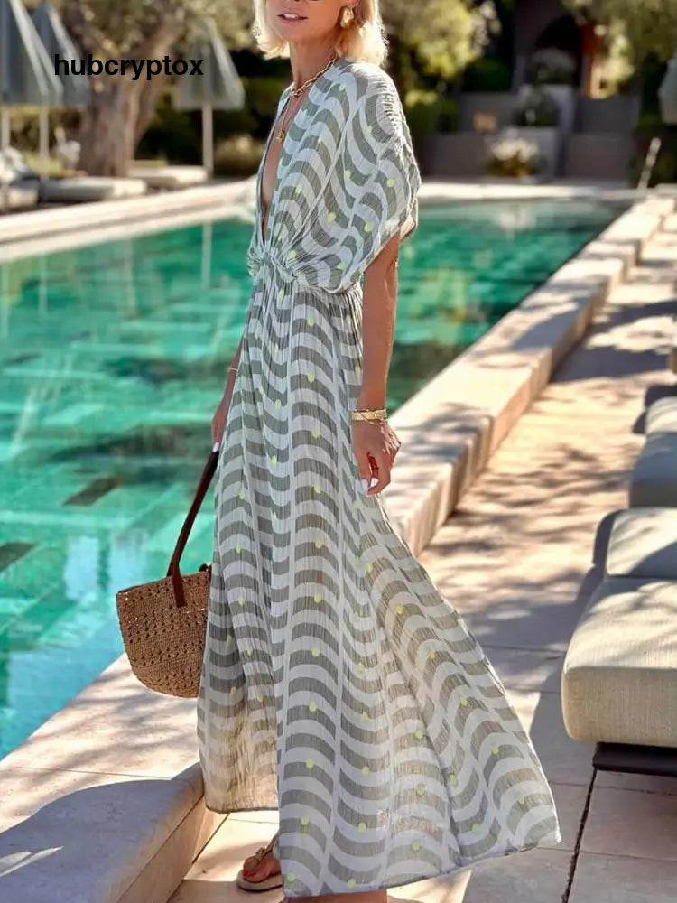 Unique Ruched Print With Drop Shoulders Side Slit Maxi Dress