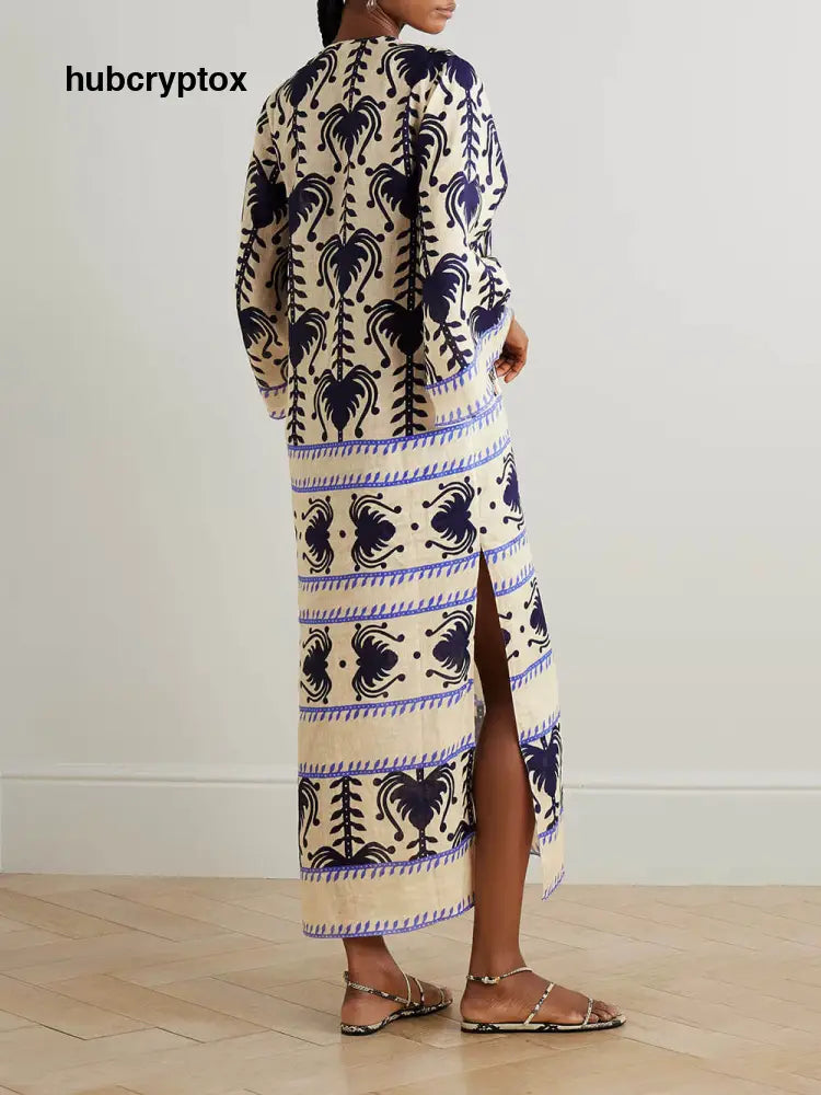 Unique Vintage Wildflower Print Linen Split Midi Dress
