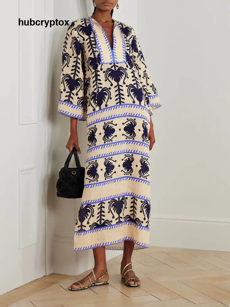 Unique Vintage Wildflower Print Linen Split Midi Dress - Cream / S