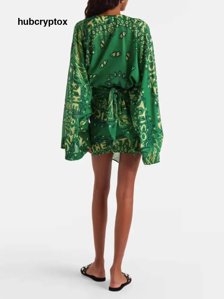 Vacation Print V-Neck Flare Sleeve Asymmetric Hem Mini Dress