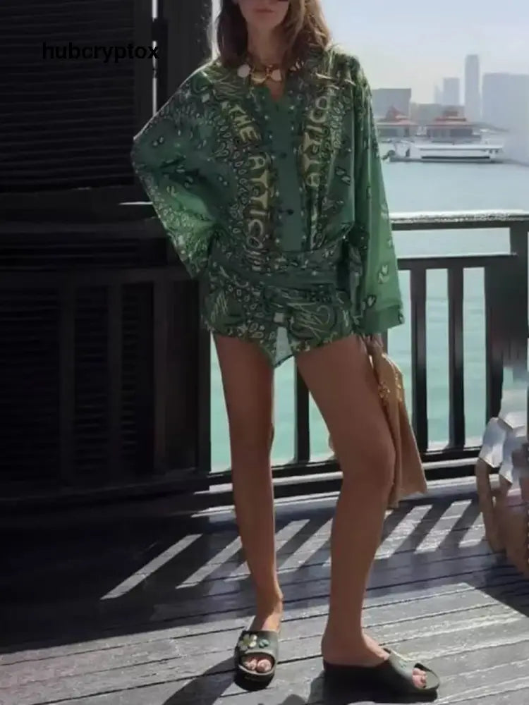Vacation Print V-Neck Flare Sleeve Asymmetric Hem Mini Dress