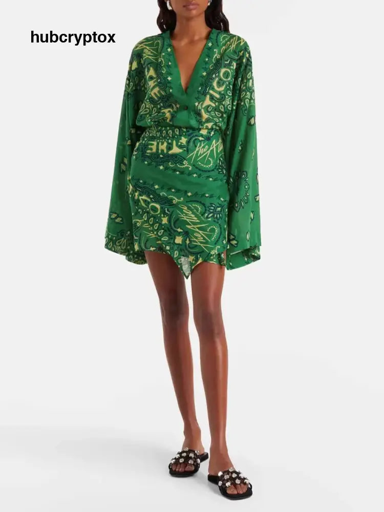 Vacation Print V-Neck Flare Sleeve Asymmetric Hem Mini Dress